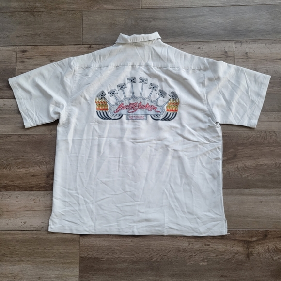 Barrett Jackson Auctions Embroidered Rayon Camp Shirt Engine Piston Heads XL - Picture 1 of 5